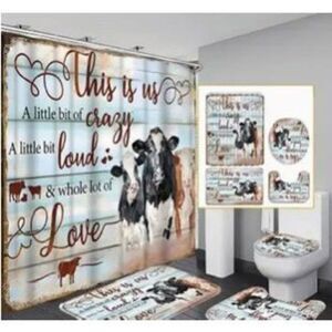 Cow black and white shower curtain & Bath Mat Set with Hooks - 4 Piece Collectio